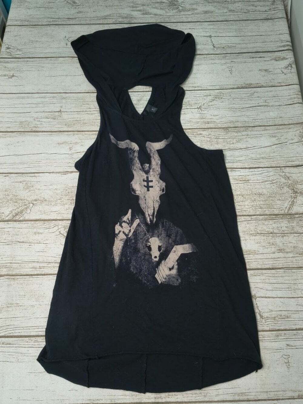 Widow Occult Baphomet Goat Skull Hooded Tank Top Black High Low Size Medium